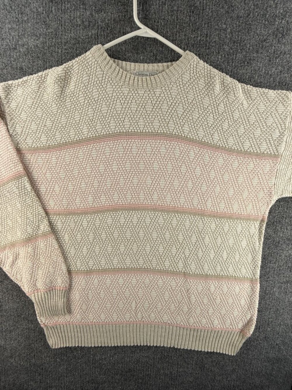 VTG Christian Dior Sweater Ivory Pink Cotton Pullover Large Crew Neck Women Knit